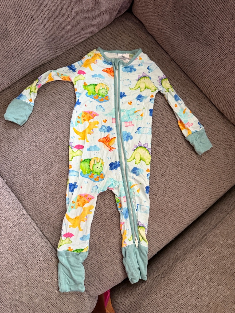 Light Blue Dinosaur Print Kids One-Piece Footed Pajamas